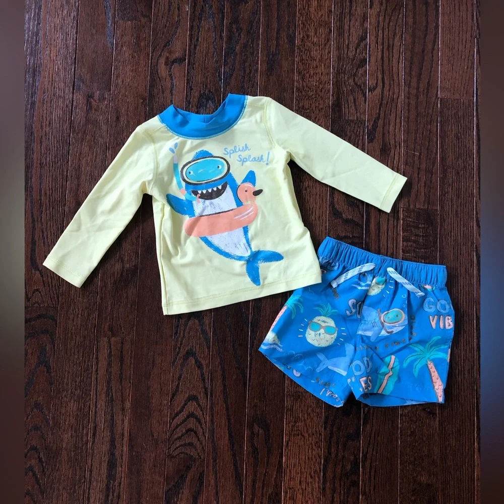 Carter’s Boy 6M Yellow/Blue Shark/Pineapple 2-Piece Swim Rash Guard/Swim Trunks